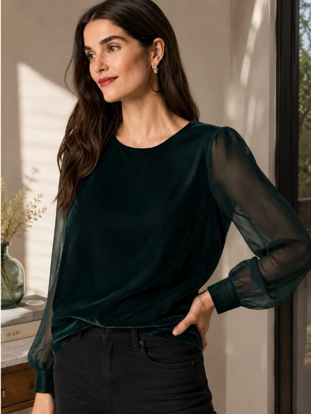 J.Crew Dark Green Velvet Top Sheer Long Sleeve Blouse Small Holiday